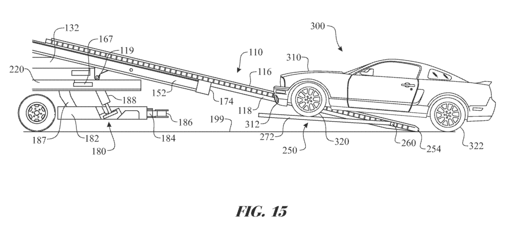 رسم توضيحي لسيارة على منصة نقل مع تفاصيل حول الهيكل والتصميم الهندسي.